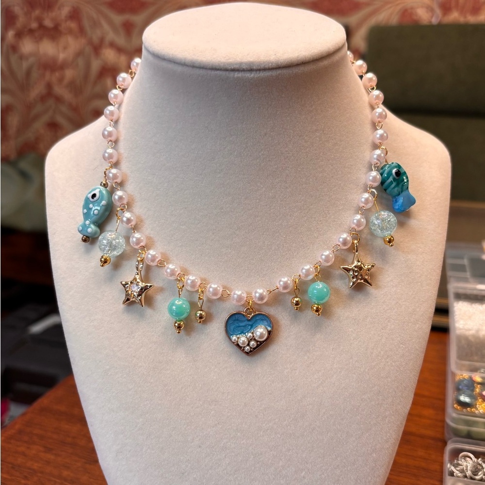 New Handmade Pearl & beach vibes adjustable Charmed Necklace gold accents